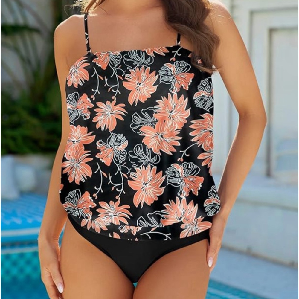 Two Piece Bandeau Tankini Swimsuits  Swim Top with Bikini Bottom Tummy Control